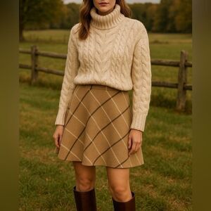 Catherine Malandrino Wool Blend Plaid A-Line Knee Length Skirt Size 4 Beige